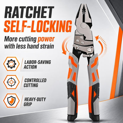 9in Ratcheting Locking Pliers, Self-Locking Cut/Strip/Crimp