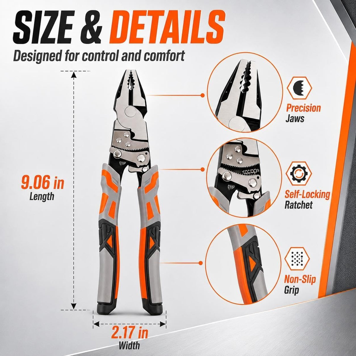 9in Ratcheting Locking Pliers, Self-Locking Cut/Strip/Crimp