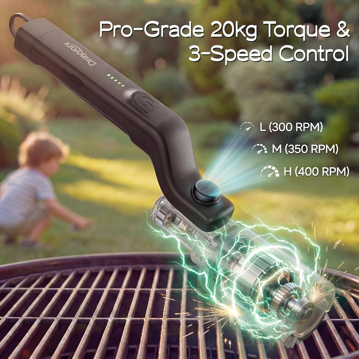2026 Upgraded Torque Rechargeable Electric Grill Brush with 3-Speed Modes, 20kg Max Torque