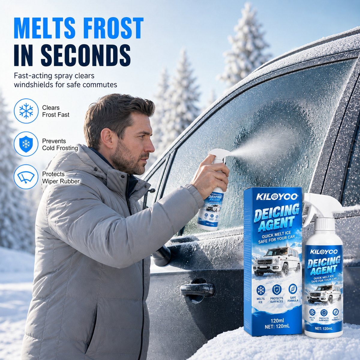 Car Windshield Deicer Spray-Instantly melts ice and frost, fast-acting anti re-freezing formula, works for windshields, windows, mirrors & locks