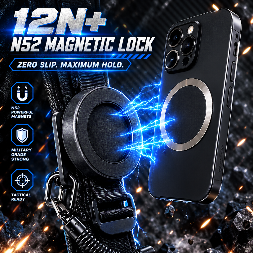 Tactical Magnetic Quick-Release Phone Mount — EDC Belt & Backpack Holster with Anti-Drop Coil Lanyard