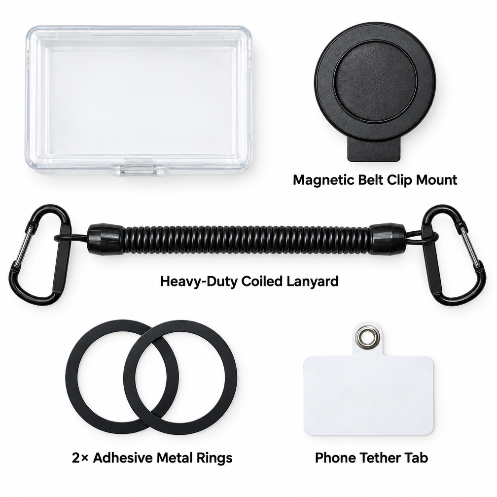 Tactical Magnetic Quick-Release Phone Mount — EDC Belt & Backpack Holster with Anti-Drop Coil Lanyard