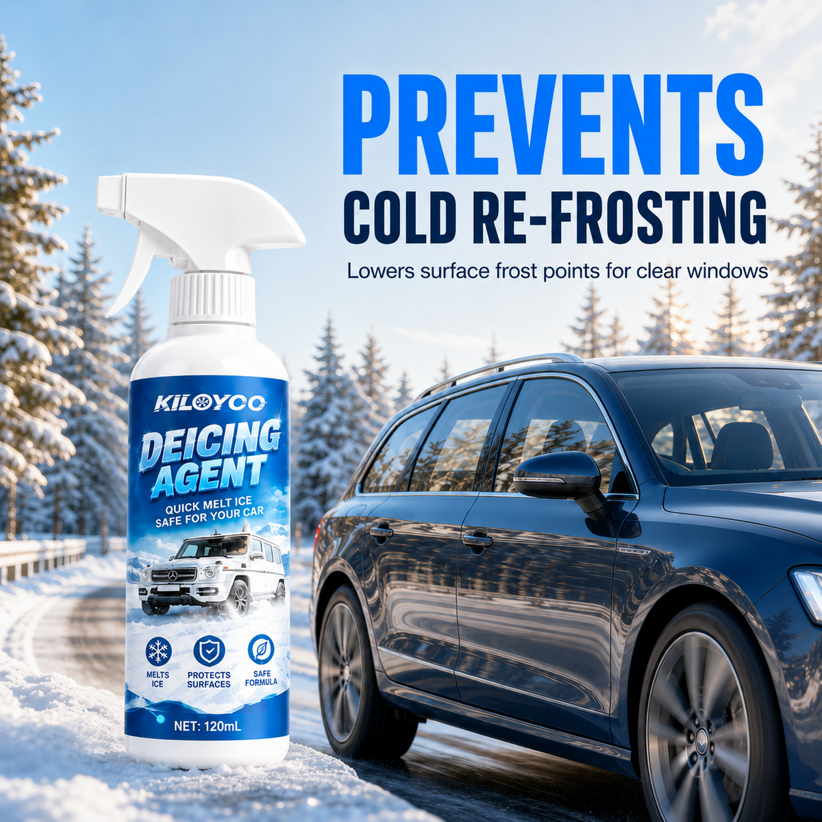 Car Windshield Deicer Spray-Instantly melts ice and frost, fast-acting anti re-freezing formula, works for windshields, windows, mirrors & locks